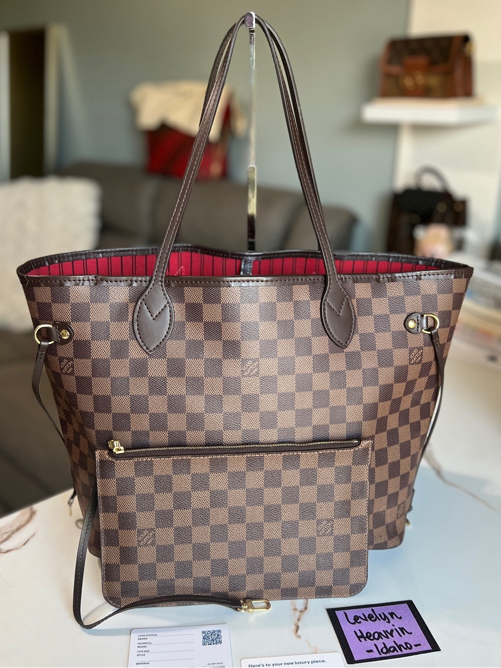 Authentic Louis Vuitton Neverfull MM Set Damier Ebene Red